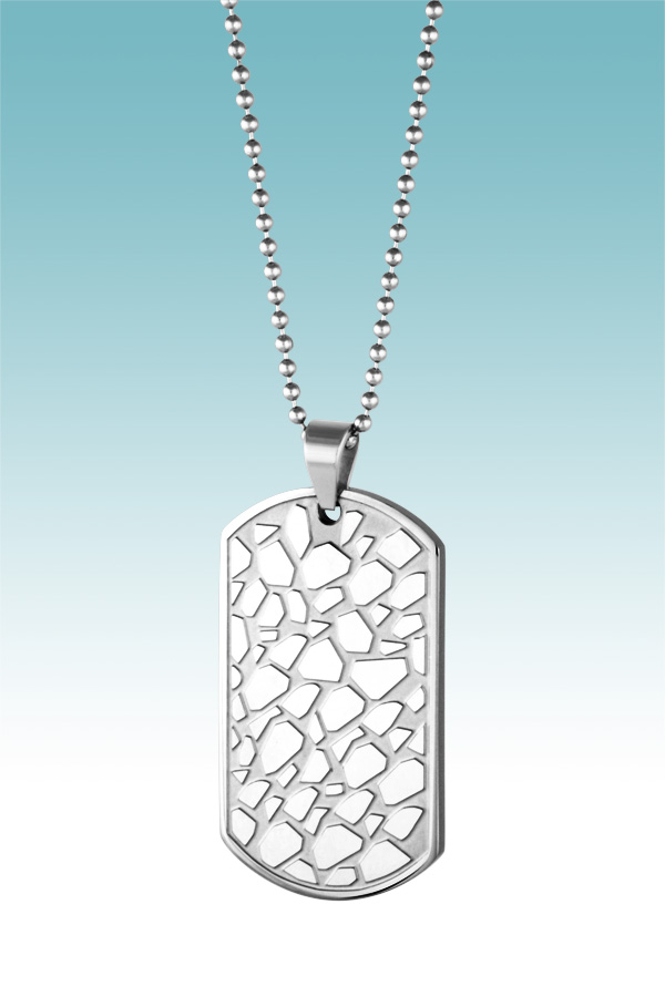 Mens Stainless Steel pebble designed dog tag with 24'' Ball chain and lobster claw clasp.