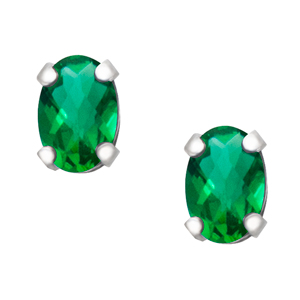 May Birthstone; 6x4 oval simulated checkerboard cut Emerald sterling silver earrings.