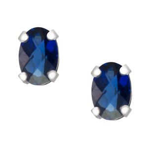 September Birthstone; 6x4 oval simulated checkerboard cut Blue Sapphire sterling silver earrings.