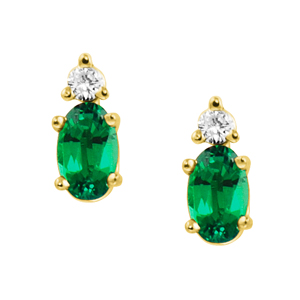 Lab Created Emerald &#39;&#39;May Birthstone&#39;&#39; and .04cttw Diamond Earrings set in 14kt y...