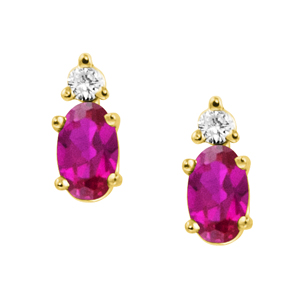 Lab Created Ruby &#39;&#39;July Birthstone&#39;&#39; and .04cttw Diamond Earrings set in 14kt yel...