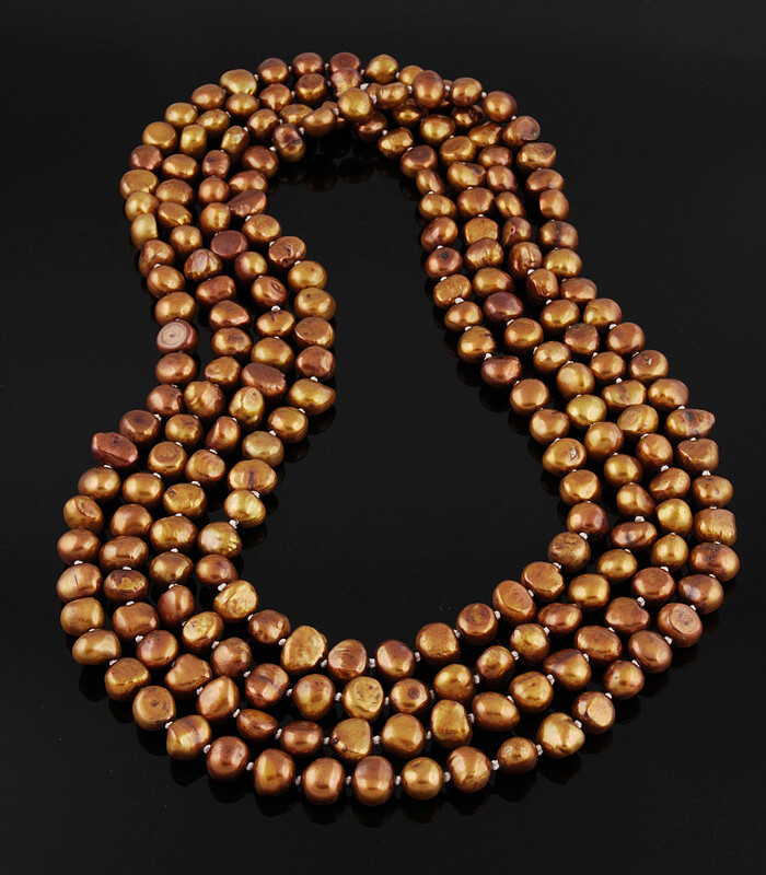 60'' Continuous Fresh Water 7-7.5mm Golden Brown Caramel Colored Nugget Pearl Necklace.  Knotted for Security.