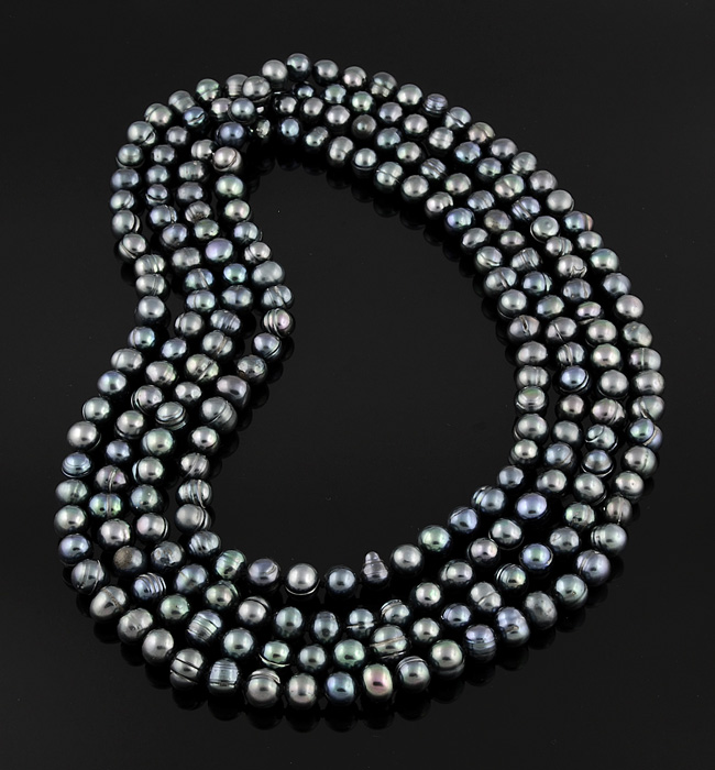 60'' Continuous Fresh Water 7-7.5mm Black Peacock Pearl Necklace.  Knotted for Security.