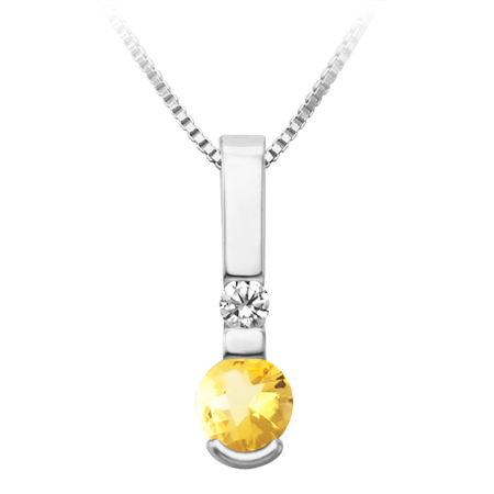 Sterling Silver simulated 5mm round checkerboard cut  Citrine ''November Birthstone'' and Cubic Zirconia pendant; furnished with 18'' sterling silver box chain.