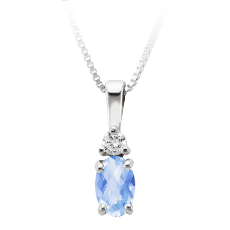 March Birthstone; 6x4 oval simulated checkerboard cut Aquamarine and 2.7mm round Cubic Zirconia pendant; furnished with 18'' sterling silver box chain.