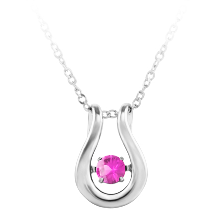  ''Dancing October Birthstone''; constant twinkling movement of a rose zircon set in sterling silver and furnished with an 18'' chain.

