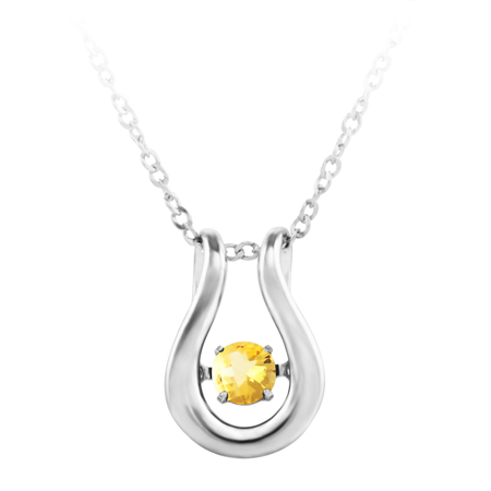 'Dancing November Birthstone''; constant twinkling movement of a citrine color cubic zirconia set in sterling silver and furnished with an 18'' chain.
