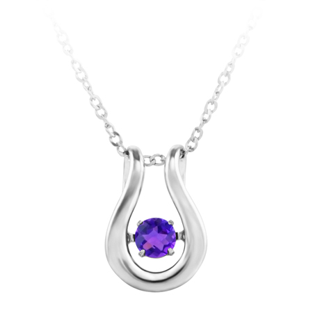 'Dancing February Birthstone''; constant twinkling movement of a amethyst colored cubic zirconia set in sterling silver and furnished with an 18'' chain.