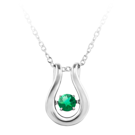 'Dancing May Birthstone''; constant twinkling movement of a emerald spinel set in sterling silver and furnished with an 18'' chain.
