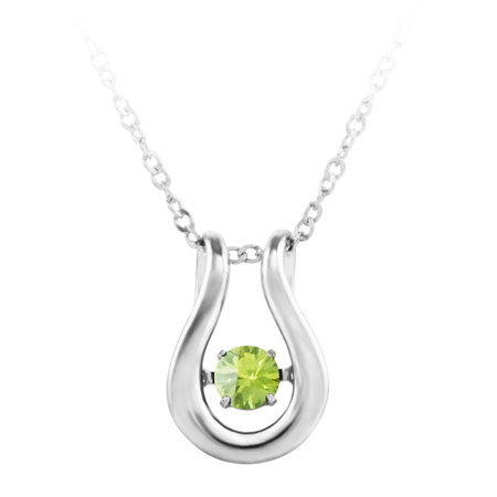  ''Dancing August Birthstone''; constant twinkling movement of a peridot colored cubic zirconia stone set in sterling silver and furnished with an 18'' chain.
