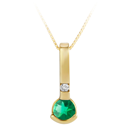 Lab Created 4mm round Emerald ''May Birthstone'' and .02ct Diamond Pendant set in 10KT Yellow Gold; Furnished with 18'' 10KT Box Chain