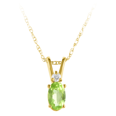 Genuine Peridot ''August Birthstone'' and Diamond Pendant set in 14kt yellow gold furnished with 18 inch 14kt rope chain