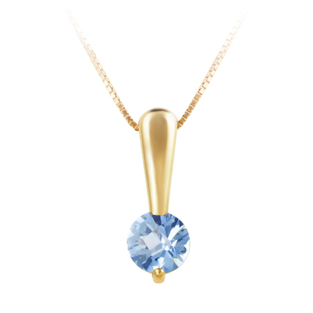 Genuine 5mm round  aquamarine  ''March Birthstone'' set in 10kt yellow gold pendant and furnished with 18'' 10kt rope chain.