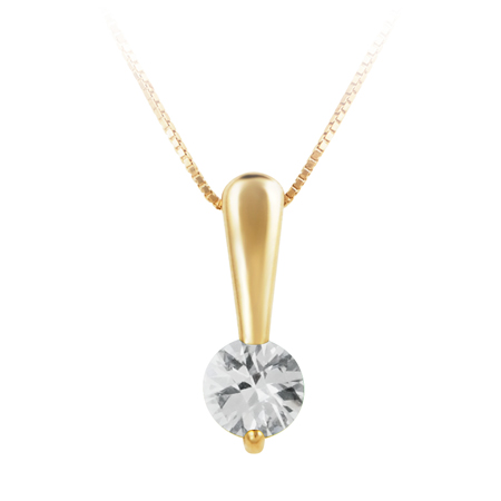 Genuine 5mm round white topaz ''April Birthstone'' set in 10kt yellow gold pendant and furnished with 18'' 10kt rope chain.
