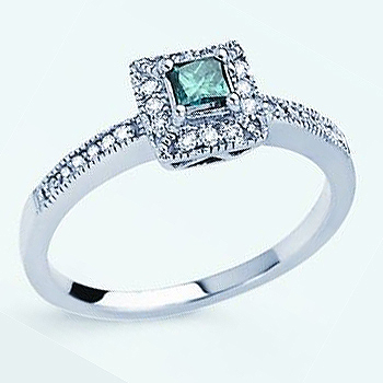 Princess Cut Blue Diamond Ring.  .20ct Blue Diamond Surrounded by .20cttw Rou...