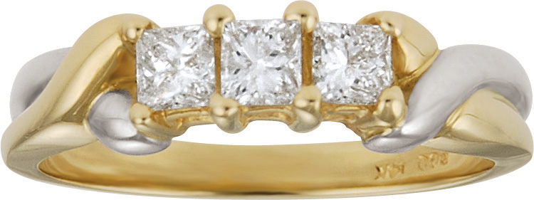 14kt Two Tone Anniversary Ring; Three Princess Cut Diamonds 1/2cttw Diamond T...