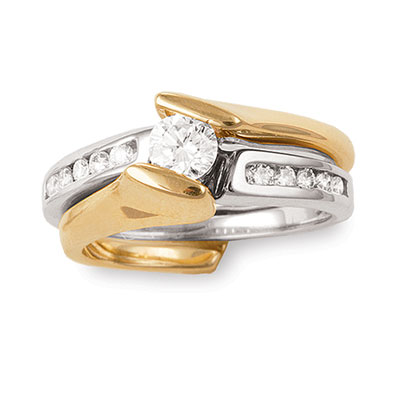 14kt Two Tone Bridal Set; 1/3ct Round Brilliant Center with 1/5cttw of Side D...