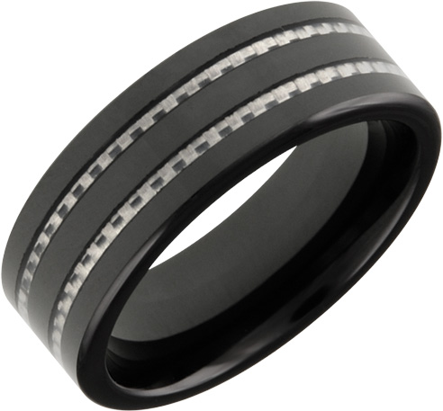 Mens and Ladies Black Ceramic Bands; 8mm Comfort Fit; High Polished and Carbon Fiber Inlay Design; Available in Full or Half Sizes 6.5-15