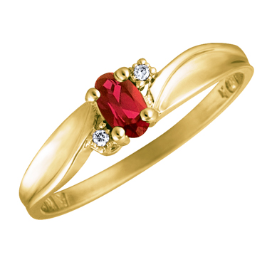 Genuine Mozambique Garnet 5x3 oval (January birthstone) set in 10kt yellow gold ring with 2 accent diamonds .01cttw 

