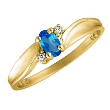 Genuine Blue Topaz 5x3 oval (December birthstone) set in 10kt yellow gold ring with 2 accent diam...