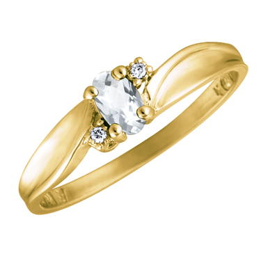 Genuine White Topaz 5x3 oval (April birthstone) set in 10kt yellow gold ring with 2 accent diamon...