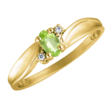 Genuine Peridot 5x3 oval (August birthstone) set in 10kt yellow gold ring wit...