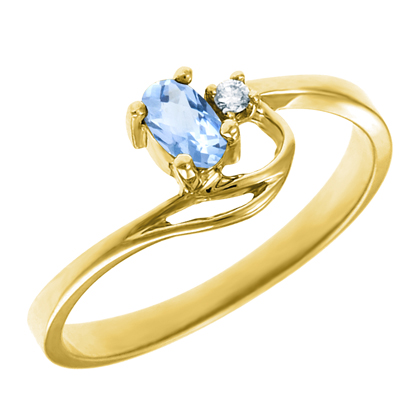 Genuine Aquamarine 5x3 oval (March birthstone) set in 10kt yellow gold ring with .02ct round diam...