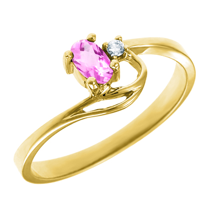Created Pink Sapphire 5x3 oval (October birthstone) set in 10kt yellow gold ring with .02ct round...