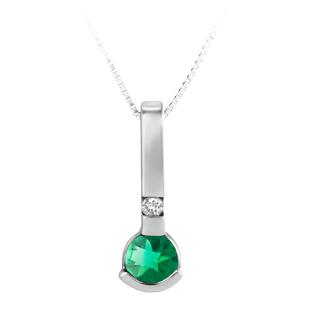 Lab Created 4mm round Emerald ''May Birthstone'' and .02ct Diamond Pendant set in 10KT White Gold; Furnished with 18'' 10KT Box Chain