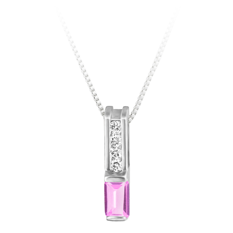 Lab Created Pink Sapphire ''October Birthstone'' and .06cttw Diamond 10kt white gold pendant furnished with a 18'' 10kt box chain