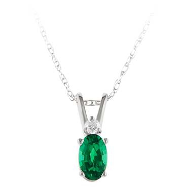 Lab Created Emerald ''May Birthstone'' and Diamond Pendant set in 14kt yellow gold furnished with 18 inch 14kt rope chain