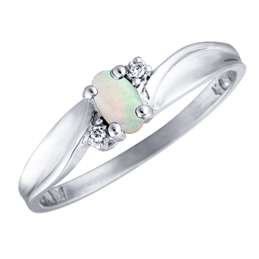 Genuine Opal 5x3 oval (October birthsone) set in 10kt white gold ring with 2 accent diamonds .01c...