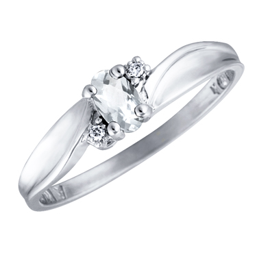 Genuine White Topaz 5x3 oval (April birthstone) set in 10kt white gold ring with 2 accent diamond...