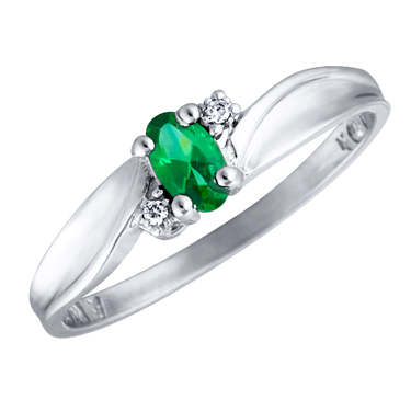 Created Emerald 5x3 oval (May birthstone) set in 10kt white gold ring with 2 accent diamonds .01c...