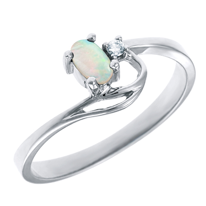 Genuine Opal 5x3 oval (October birthstone) set in 10kt white gold ring  with .02ct round diamond ...