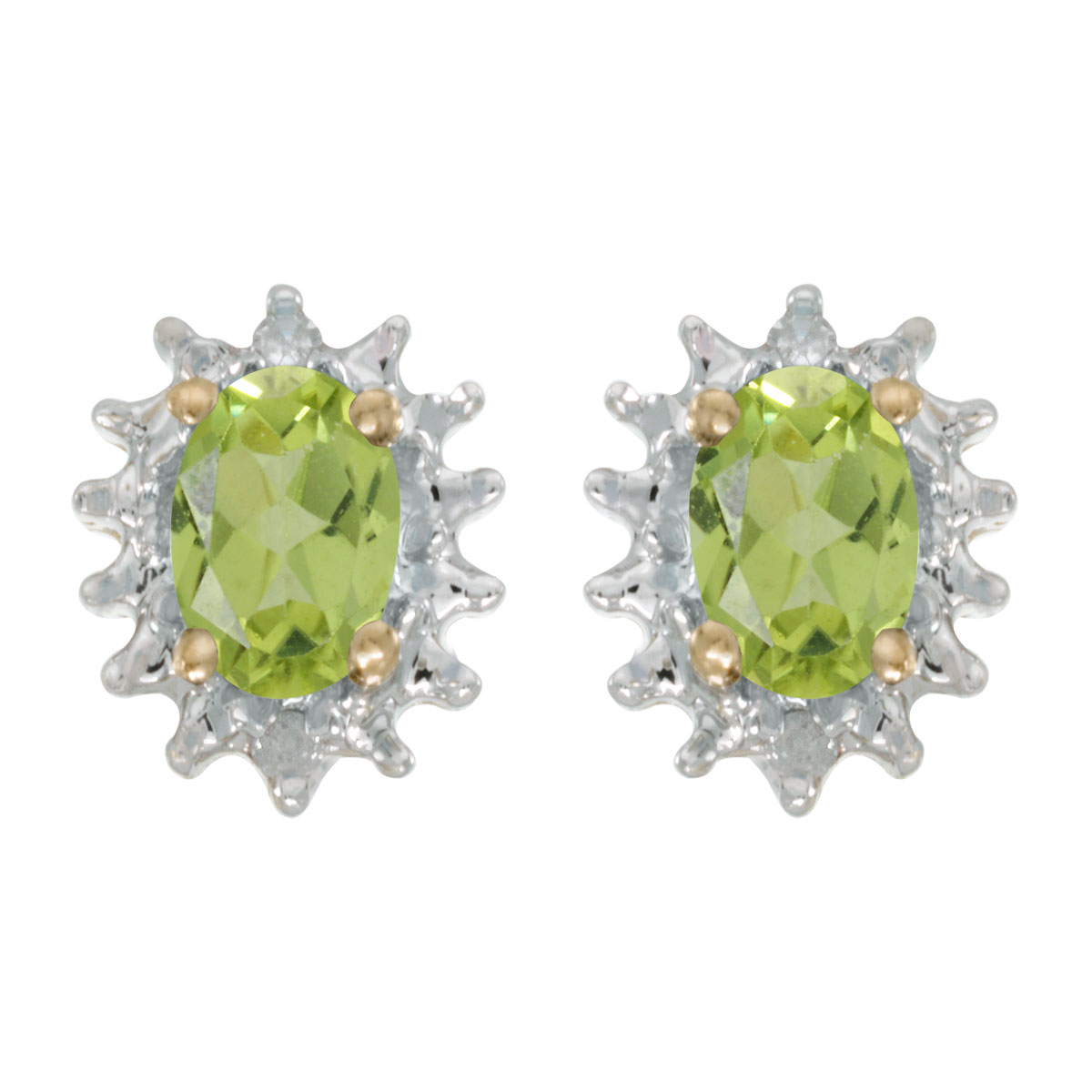 These 14k yellow gold oval peridot and diamond earrings feature 6x4 mm genuine natural peridots w...
