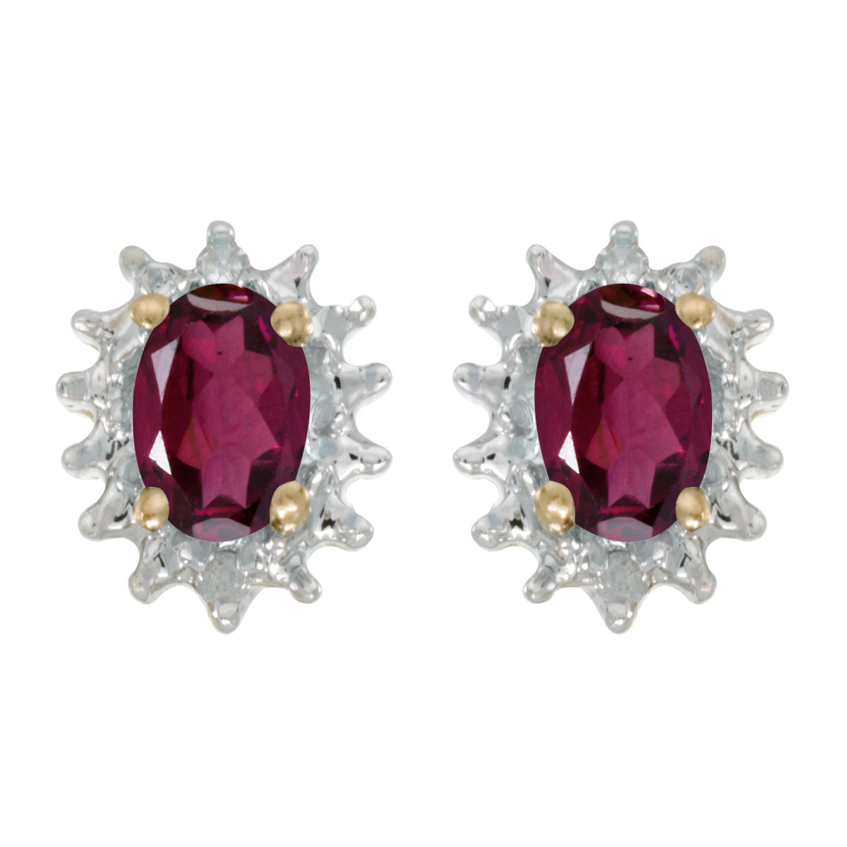 These 14k yellow gold oval rhodolite garnet and diamond earrings feature 6x4 mm genuine natural r...