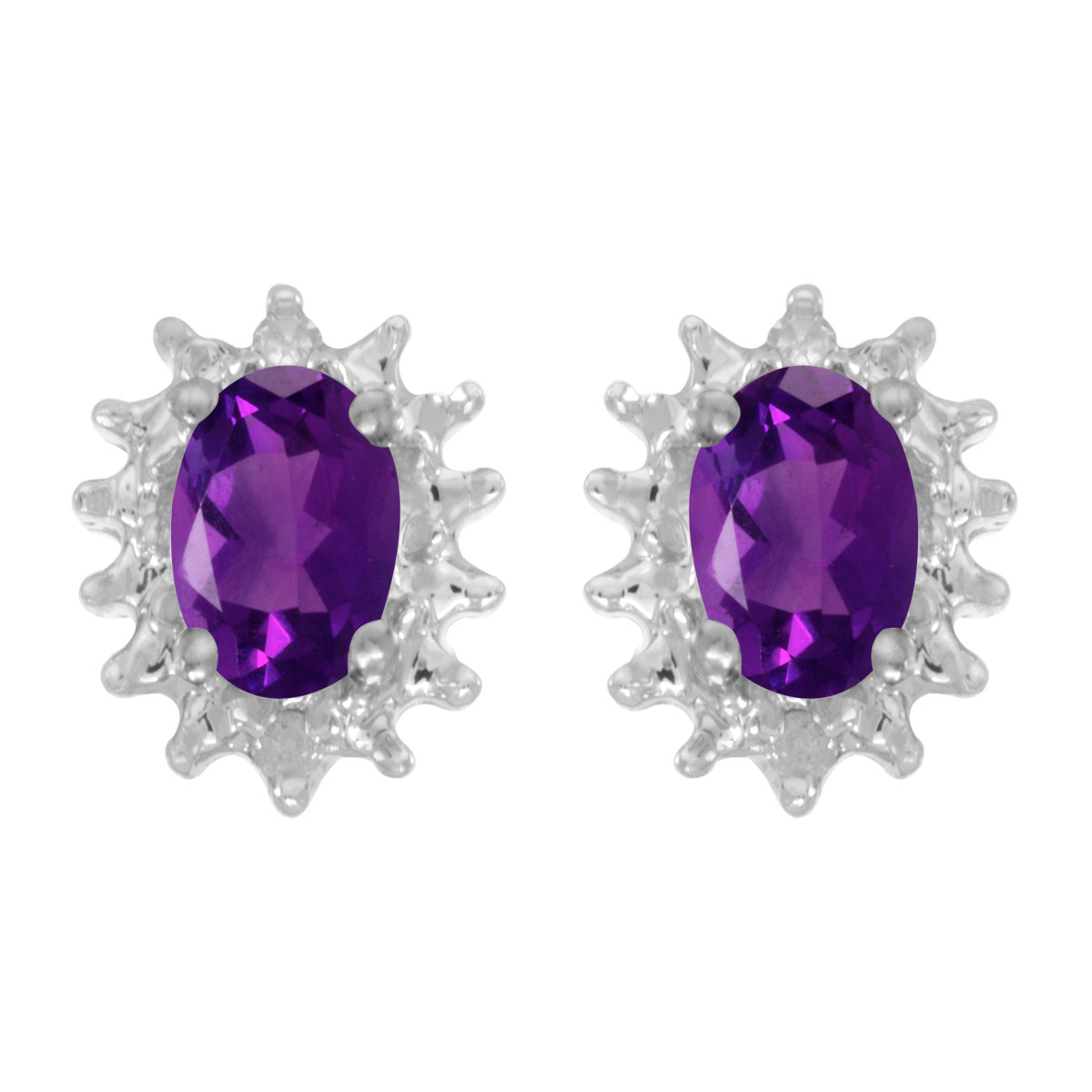 These 14k white gold oval amethyst and diamond earrings feature 6x4 mm genuine natural amethysts ...