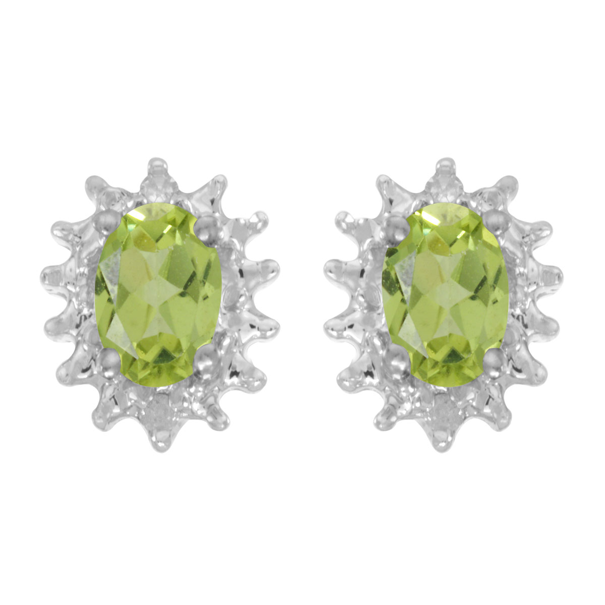 These 14k white gold oval peridot and diamond earrings feature 6x4 mm genuine natural peridots wi...