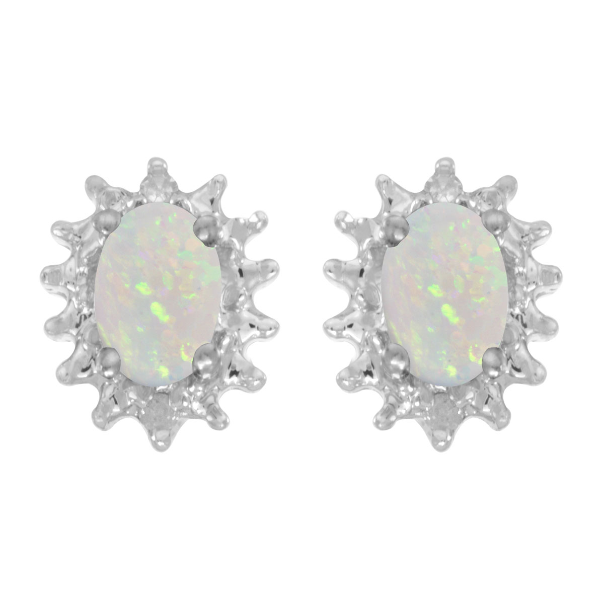 These 14k white gold oval opal and diamond earrings feature 6x4 mm genuine natural opals with a 0.38 ct total weight and .04 ct diamonds.