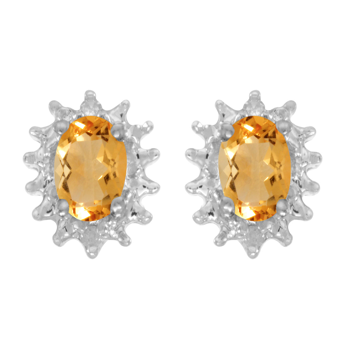 These 14k white gold oval citrine and diamond earrings feature 6x4 mm genuine natural citrines wi...