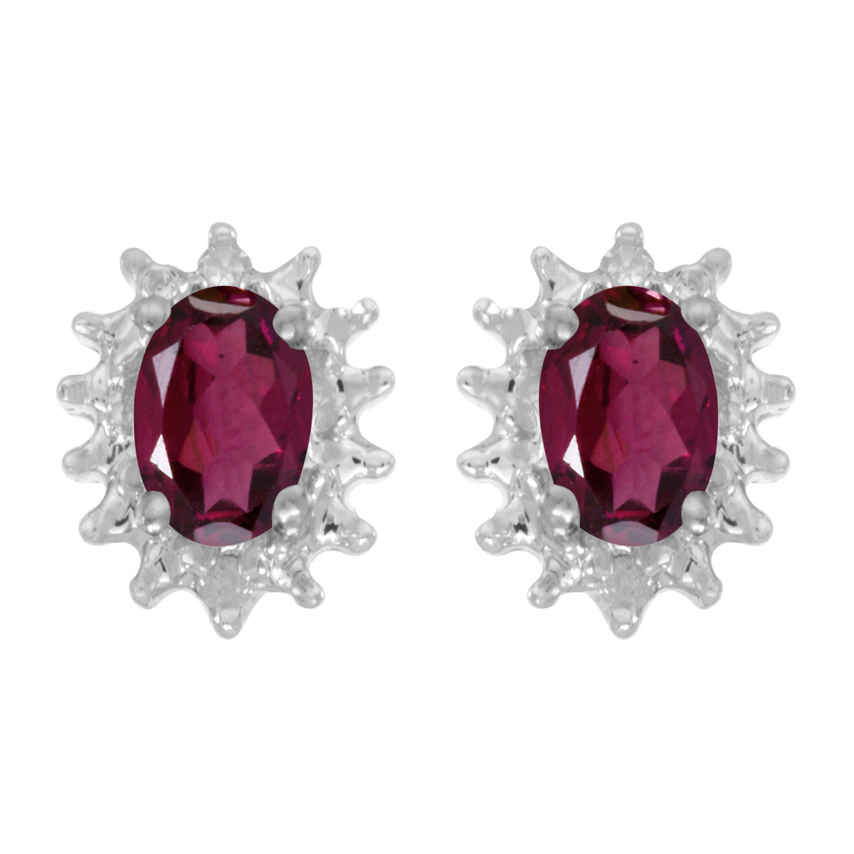 These 14k white gold oval rhodolite garnet and diamond earrings feature 6x4 mm genuine natural rh...