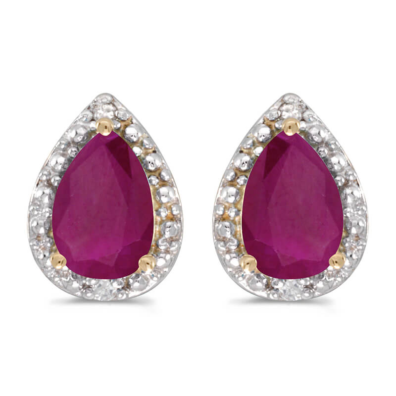 These 14k yellow gold pear ruby and diamond earrings feature 6x4 mm genuine natural rubys with a ...