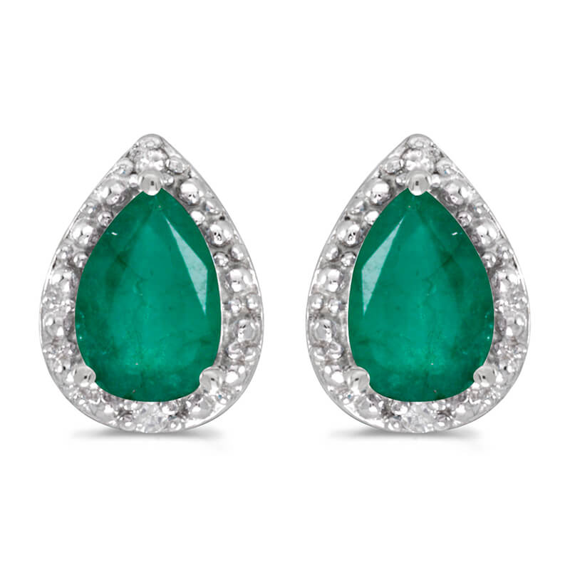 These 14k white gold pear emerald and diamond earrings feature 6x4 mm genuine natural emeralds with a 1.24 ct total weight and sparkling diamond accents.