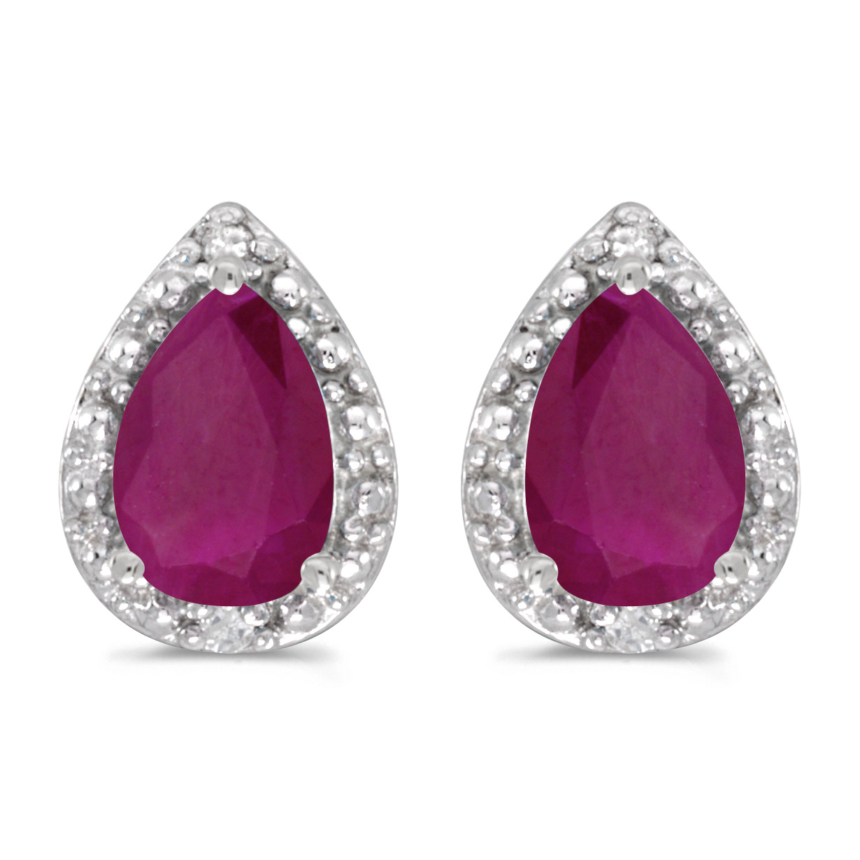 These 14k white gold pear ruby and diamond earrings feature 6x4 mm genuine natural rubys with a 1...
