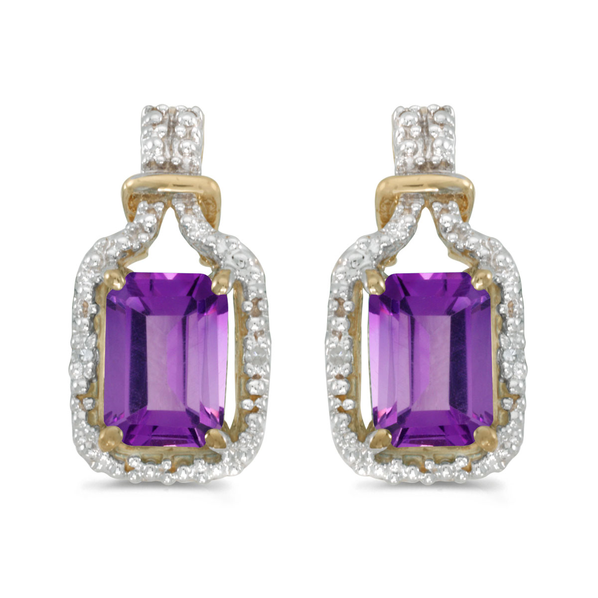 These 14k yellow gold emerald-cut amethyst and diamond earrings feature 7x5 mm genuine natural am...