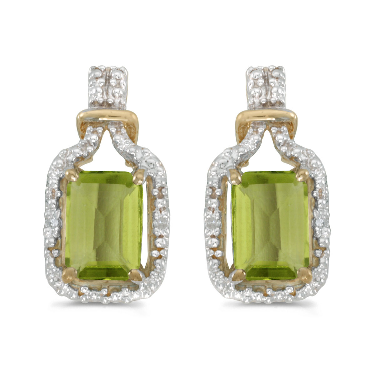 These 14k yellow gold emerald-cut peridot and diamond earrings feature 7x5 mm genuine natural per...
