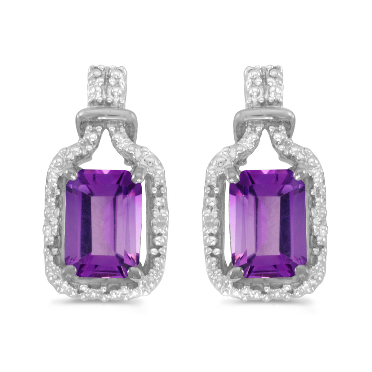 These 14k white gold emerald-cut amethyst and diamond earrings feature 7x5 mm genuine natural ame...