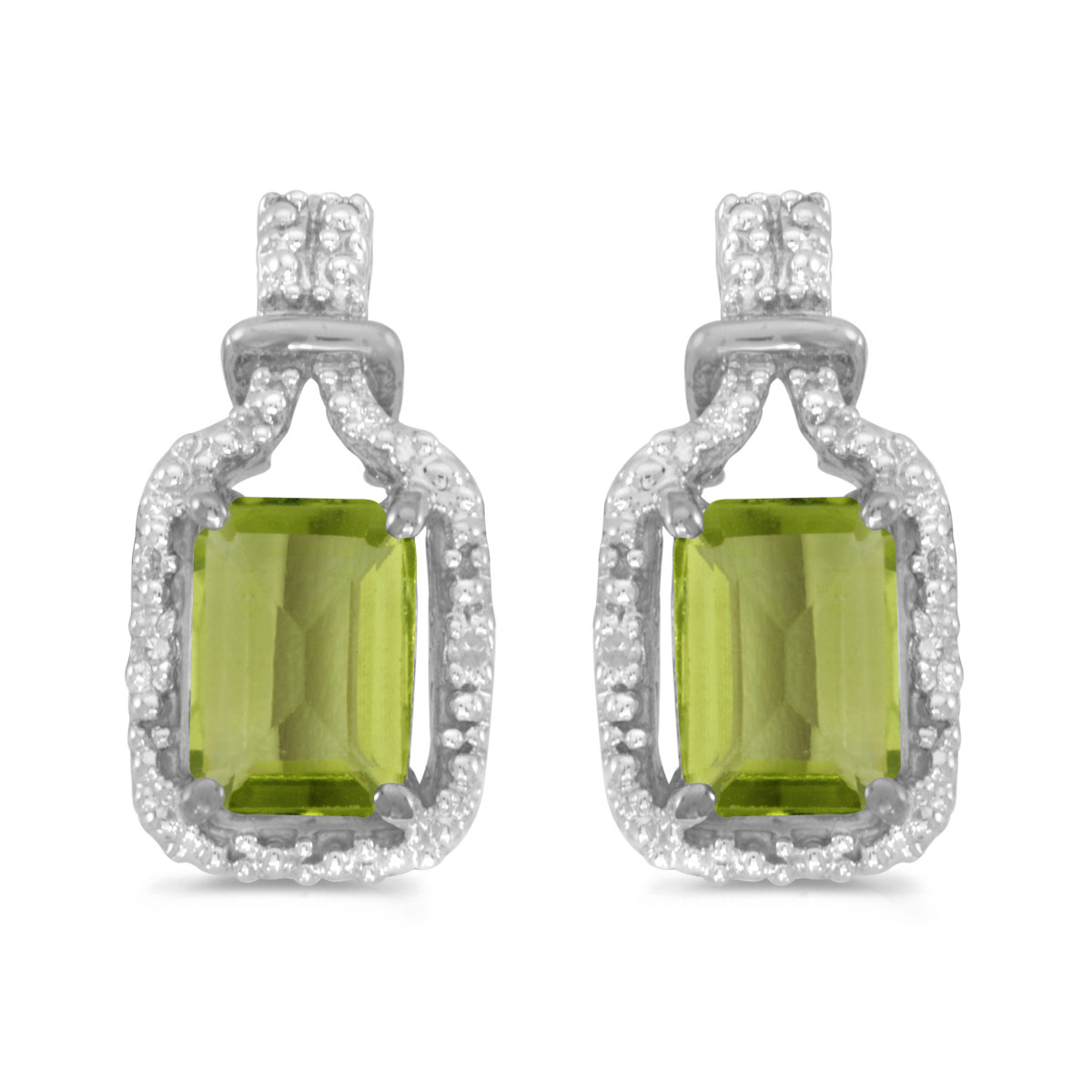These 14k white gold emerald-cut peridot and diamond earrings feature 7x5 mm genuine natural peri...