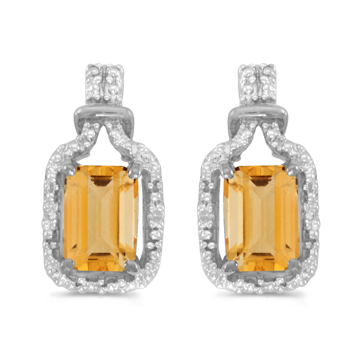 These 14k white gold emerald-cut citrine and diamond earrings feature 7x5 mm genuine natural citr...